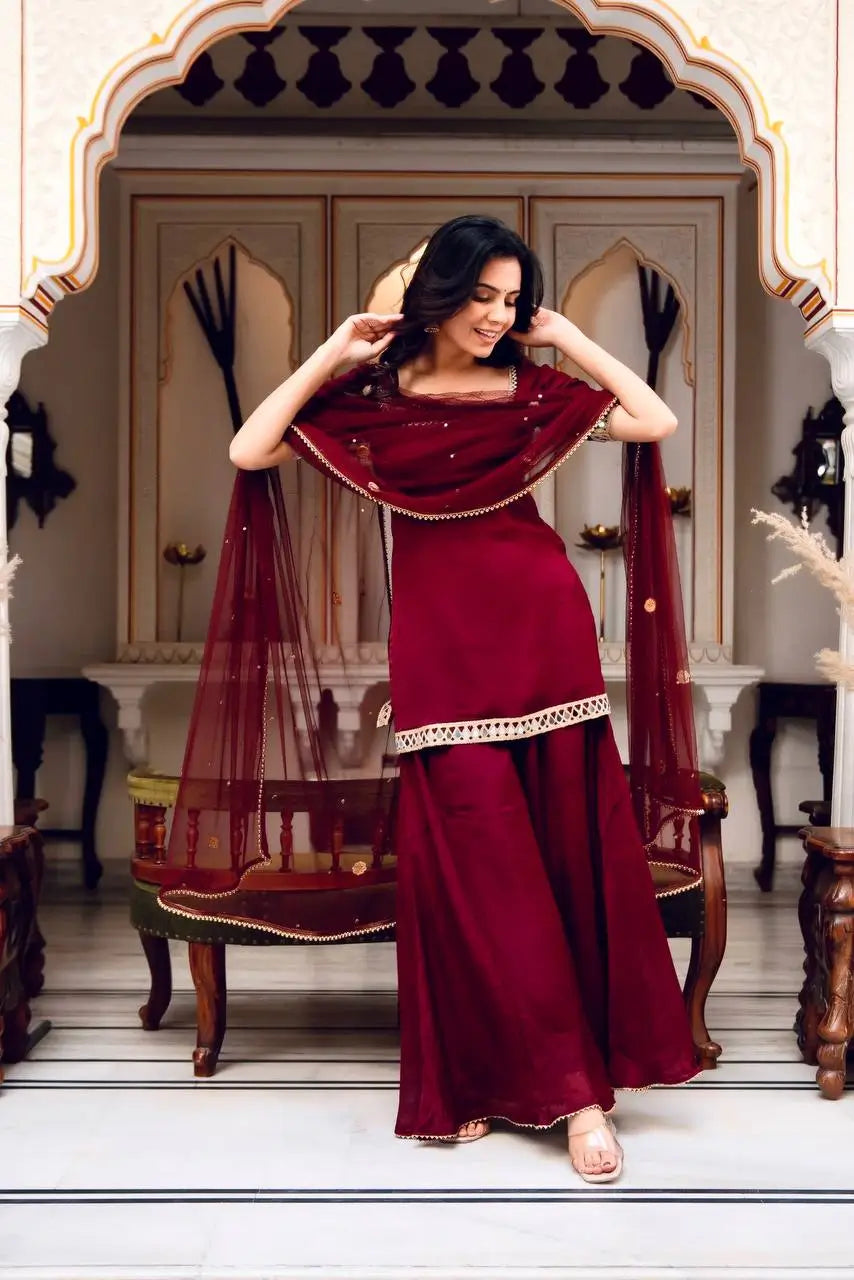 Wine Mirror Work Georgette Palazzo Set