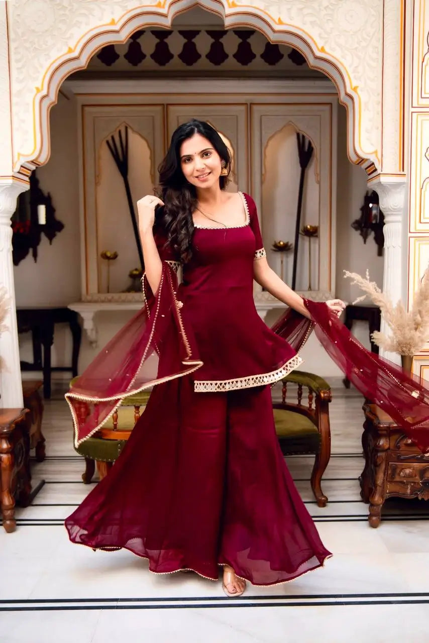 Wine Mirror Work Georgette Palazzo Set