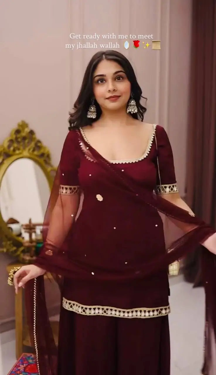 Wine Mirror Work Georgette Palazzo Set