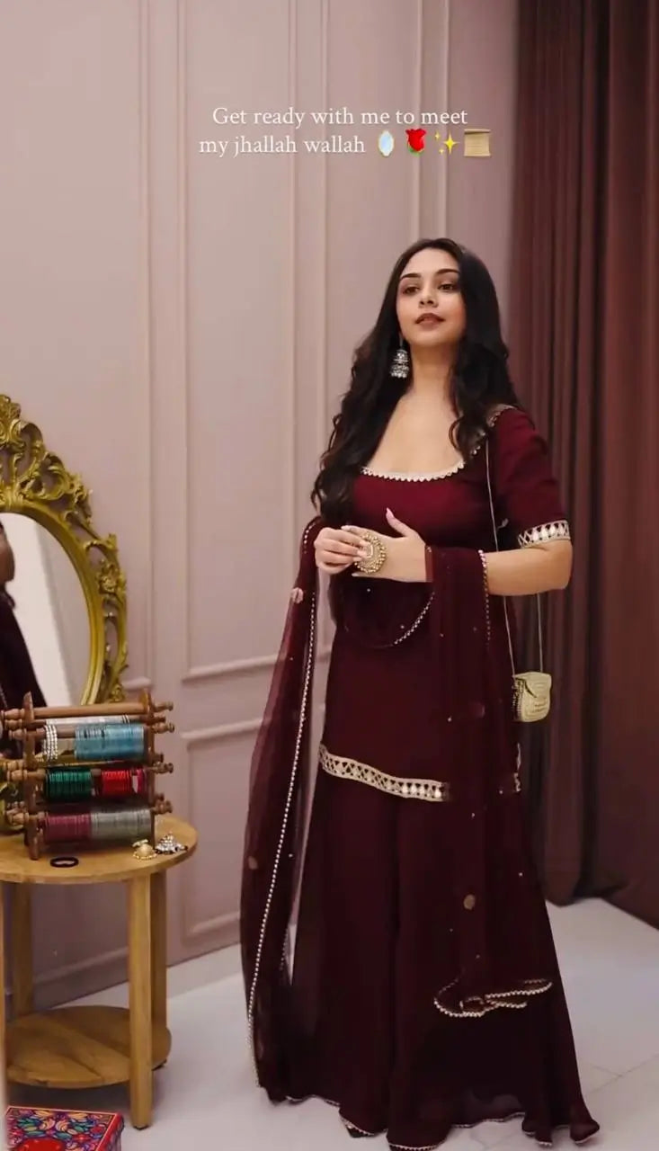 Wine Mirror Work Georgette Palazzo Set