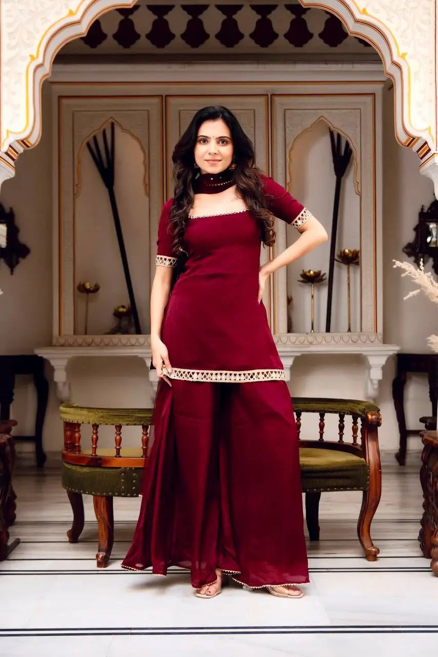 Wine Mirror Work Georgette Palazzo Set