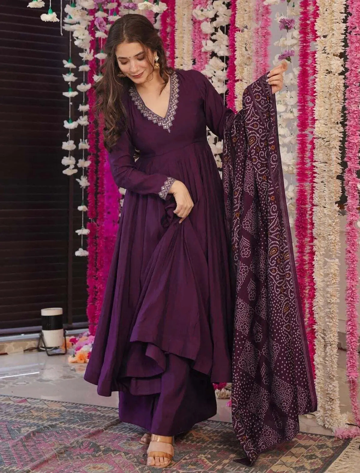 Wine Mirrorwork V-Neck Kurta