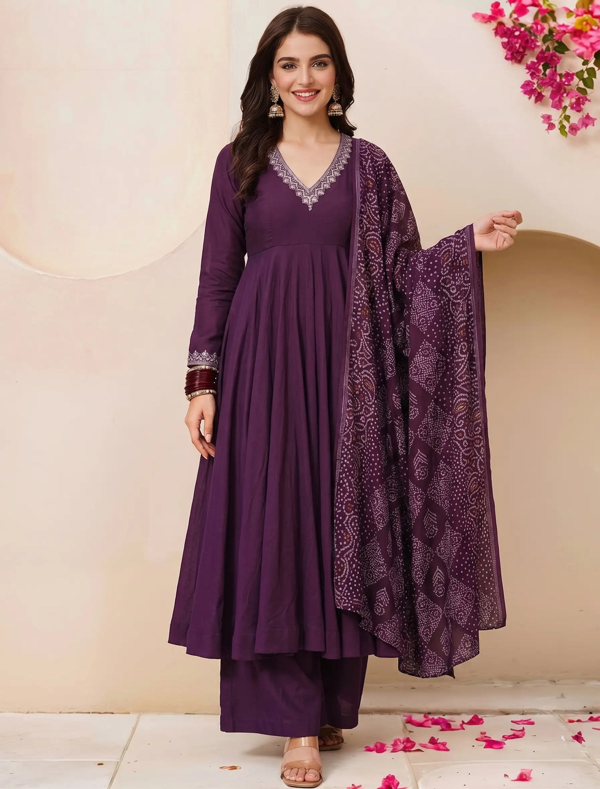 Wine Mirrorwork V-Neck Kurta