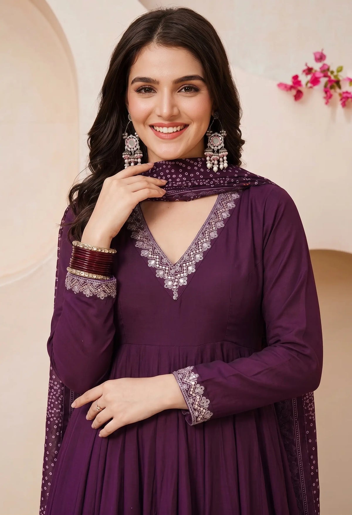 Wine Mirrorwork V-Neck Kurta