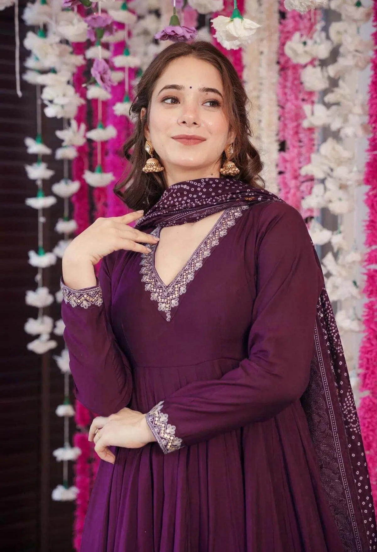Wine Mirrorwork V-Neck Kurta