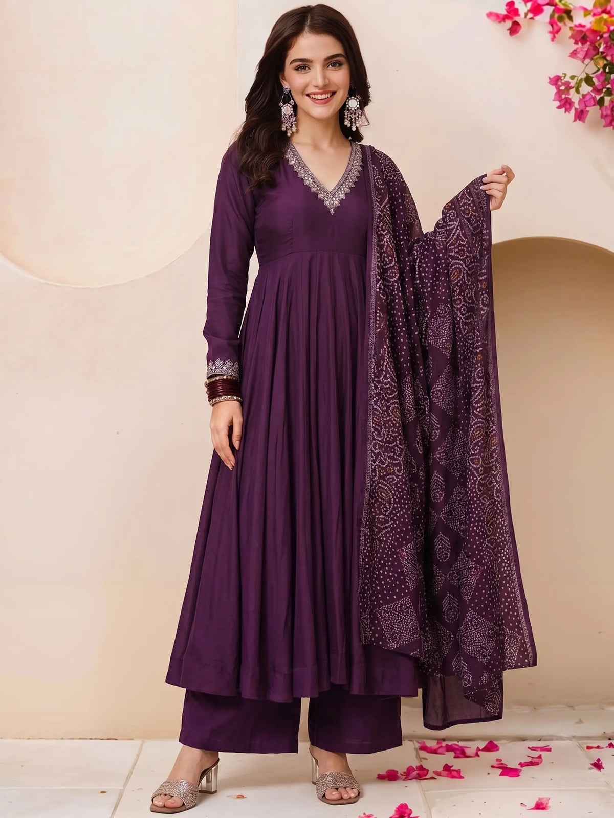 Wine Mirrorwork V-Neck Kurta