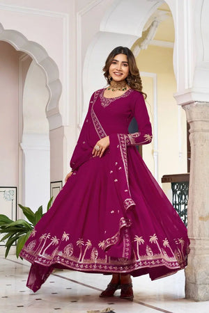 Wine & Purple Faux Georgette Thread Sequins Embroidered Gown Set with Dupatta | Festive & Party Wear Anarkali Suit