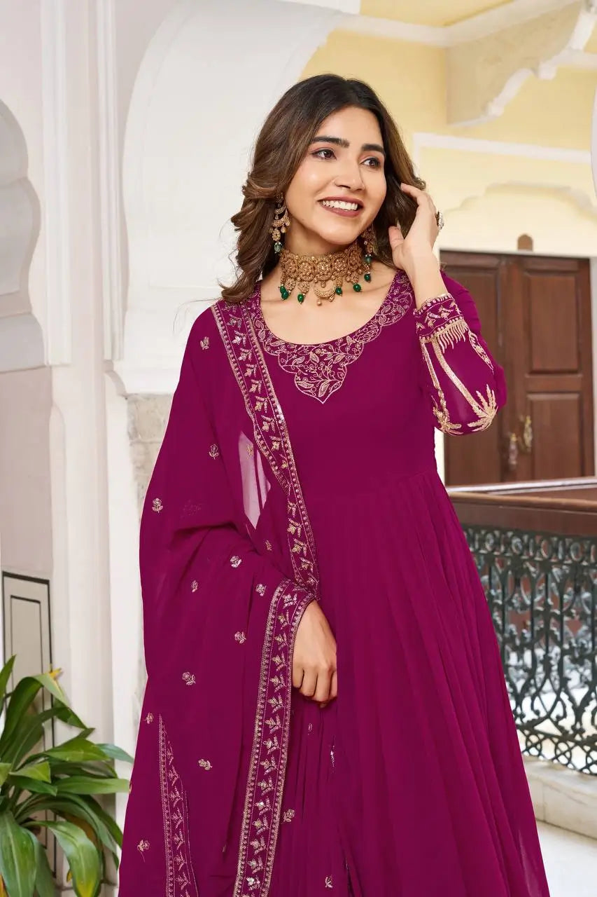 Wine & Purple Faux Georgette Thread Sequins Embroidered Gown Set with Dupatta | Festive & Party Wear Anarkali Suit