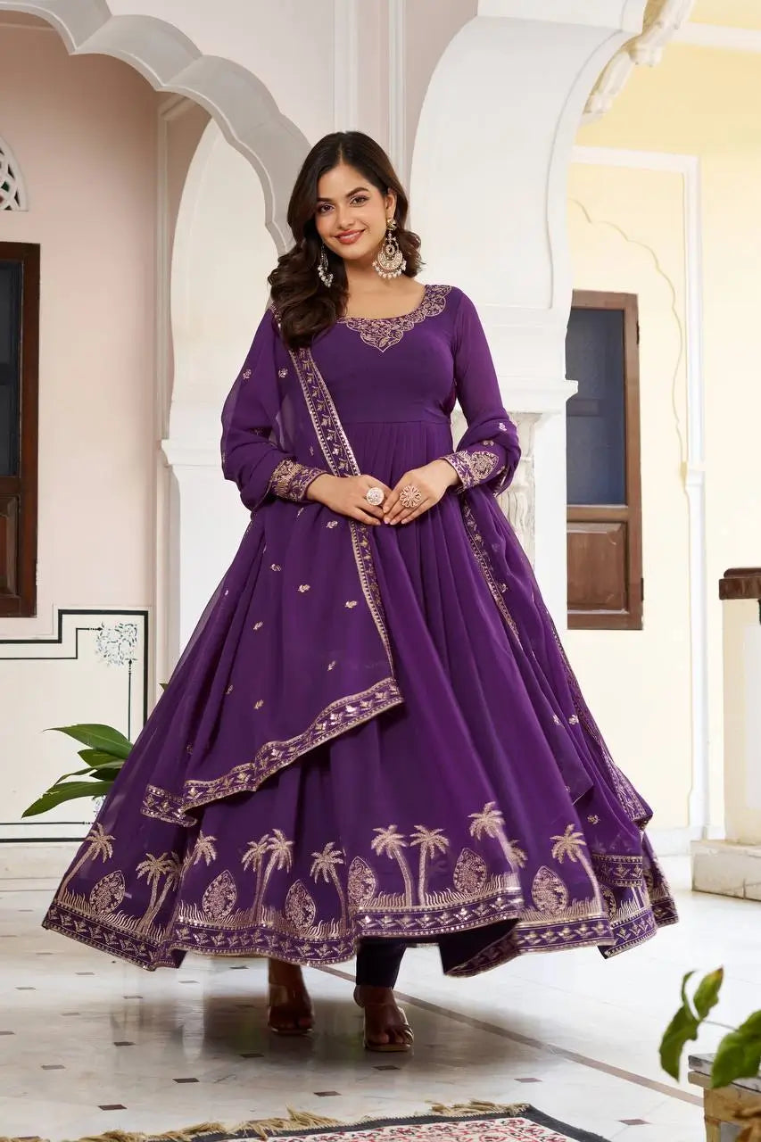 Wine & Purple Faux Georgette Thread Sequins Embroidered Gown Set with Dupatta | Festive & Party Wear Anarkali Suit