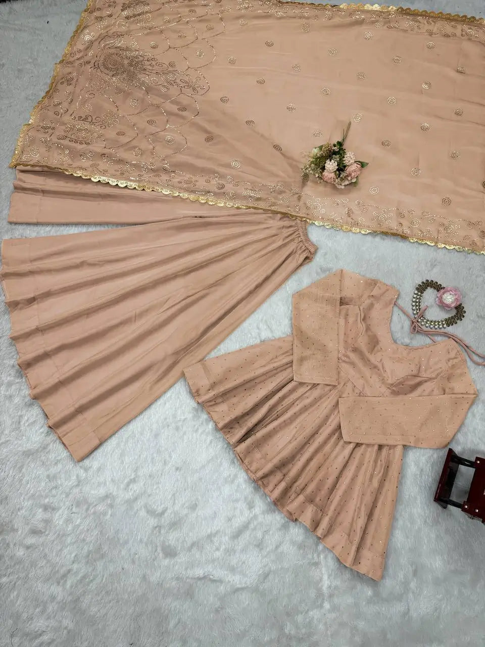 Wine Red Tabby Organza Kurti Plazzo Set with Golden Work