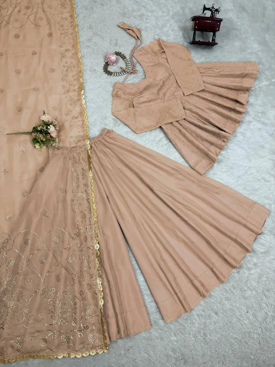 Wine Red Tabby Organza Kurti Plazzo Set with Golden Work
