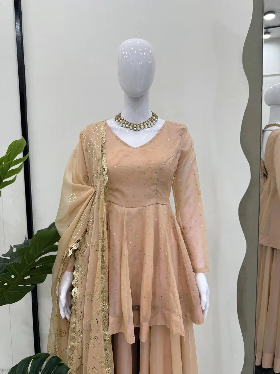 Wine Red Tabby Organza Kurti Plazzo Set with Golden Work