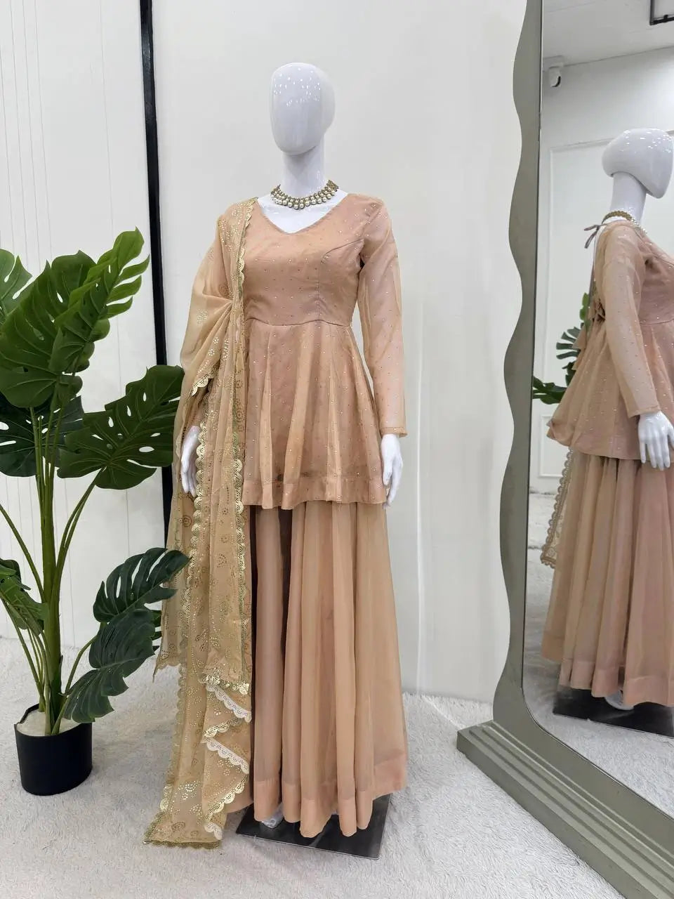 Wine Red Tabby Organza Kurti Plazzo Set with Golden Work