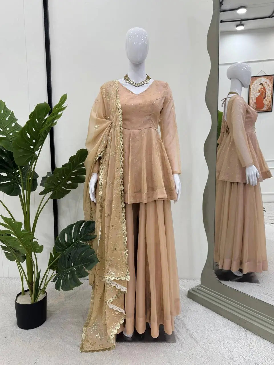 Wine Red Tabby Organza Kurti Plazzo Set with Golden Work