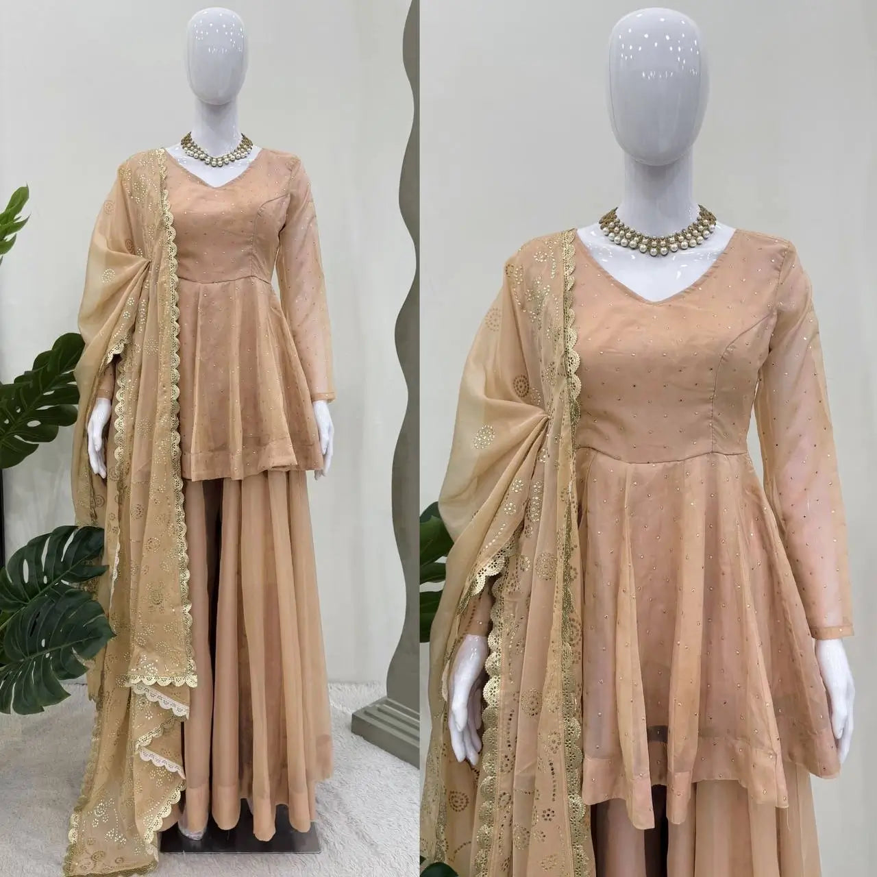Wine Red Tabby Organza Kurti Plazzo Set with Golden Work