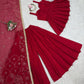 Wine Red Tabby Organza Kurti Plazzo Set with Golden Work