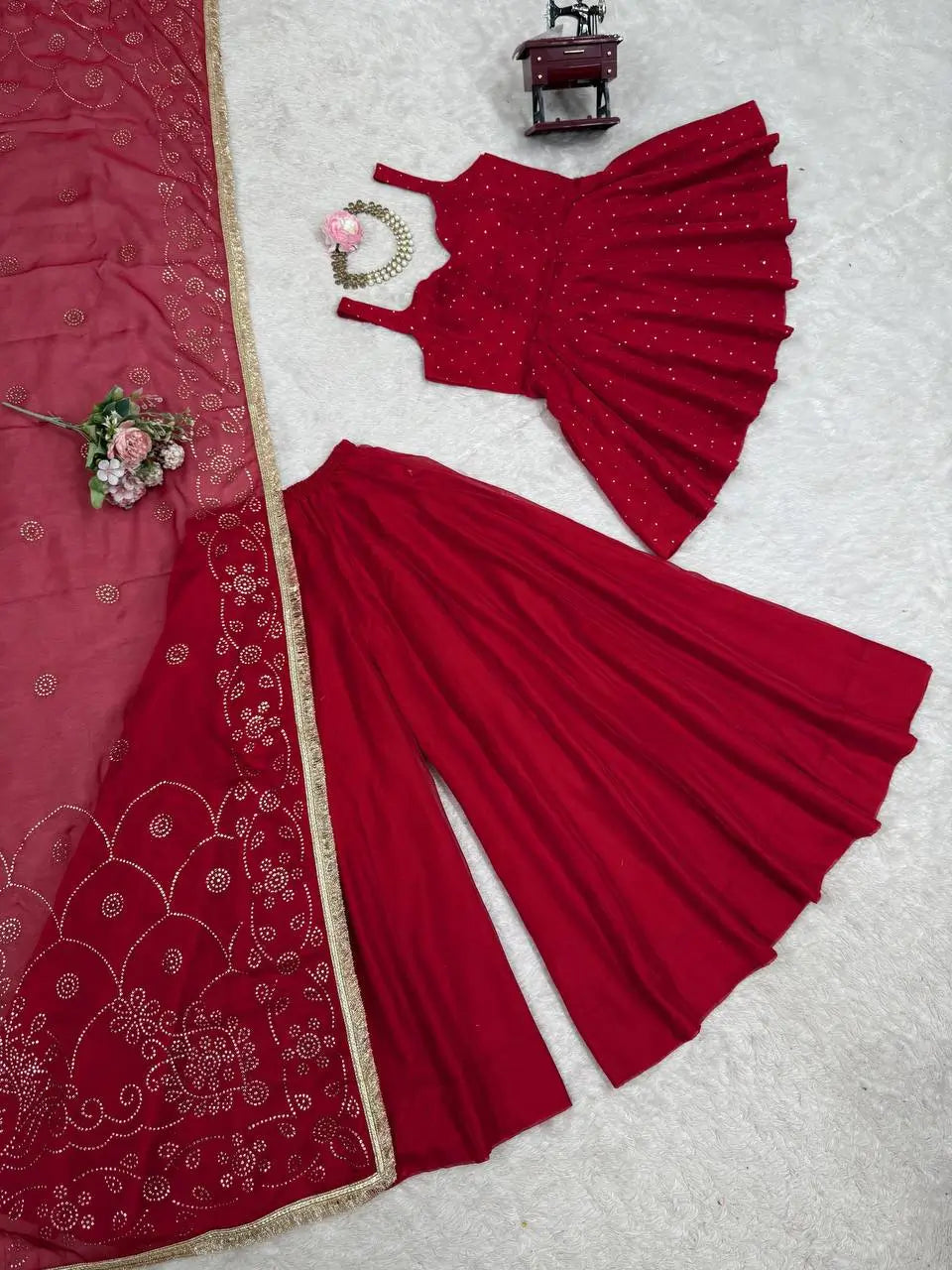 Wine Red Tabby Organza Kurti Plazzo Set with Golden Work