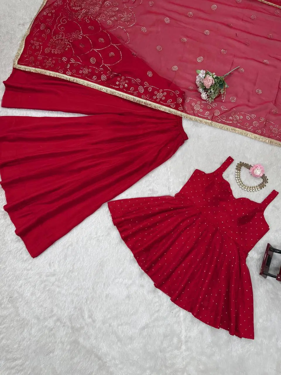Wine Red Tabby Organza Kurti Plazzo Set with Golden Work