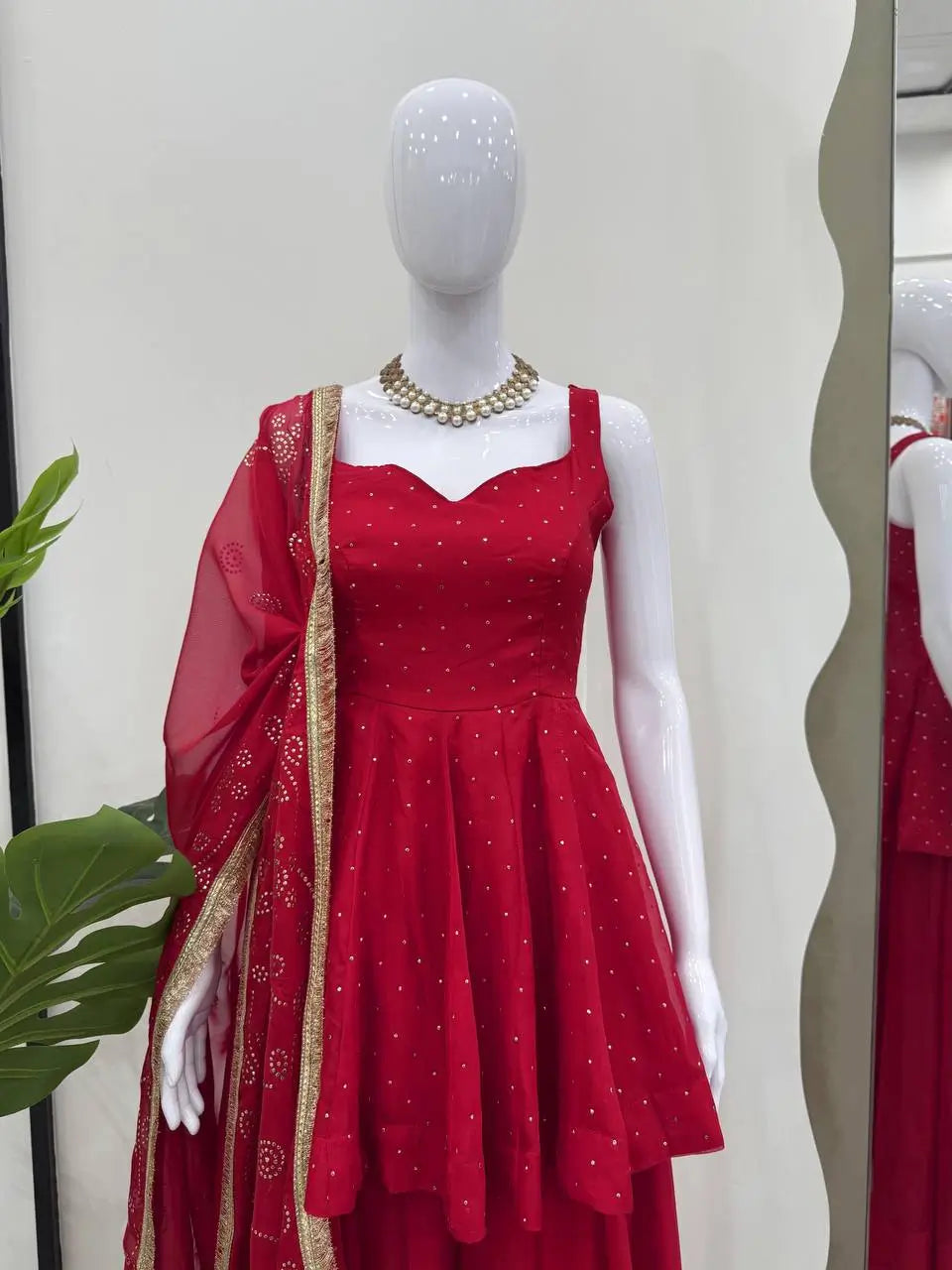 Wine Red Tabby Organza Kurti Plazzo Set with Golden Work
