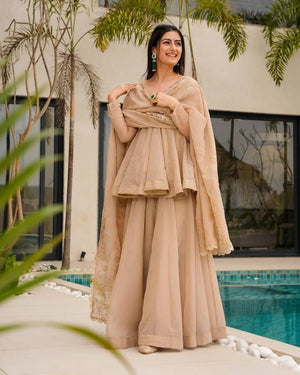 Wine Red Tabby Organza Kurti Plazzo Set with Golden Work