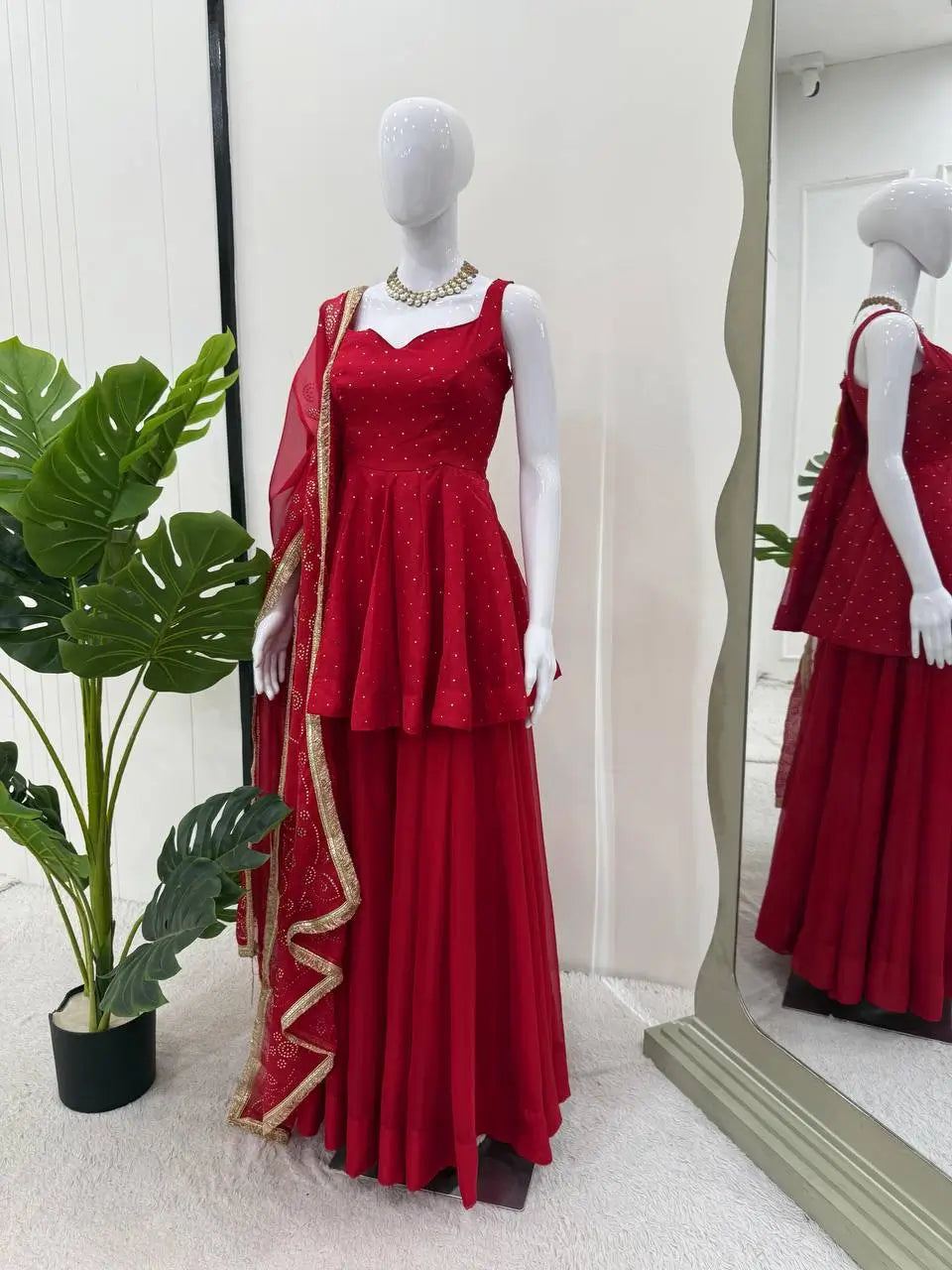 Wine Red Tabby Organza Kurti Plazzo Set with Golden Work