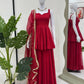 Wine Red Tabby Organza Kurti Plazzo Set with Golden Work