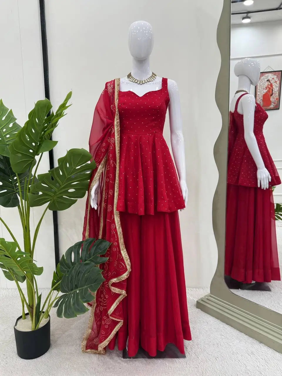 Wine Red Tabby Organza Kurti Plazzo Set with Golden Work