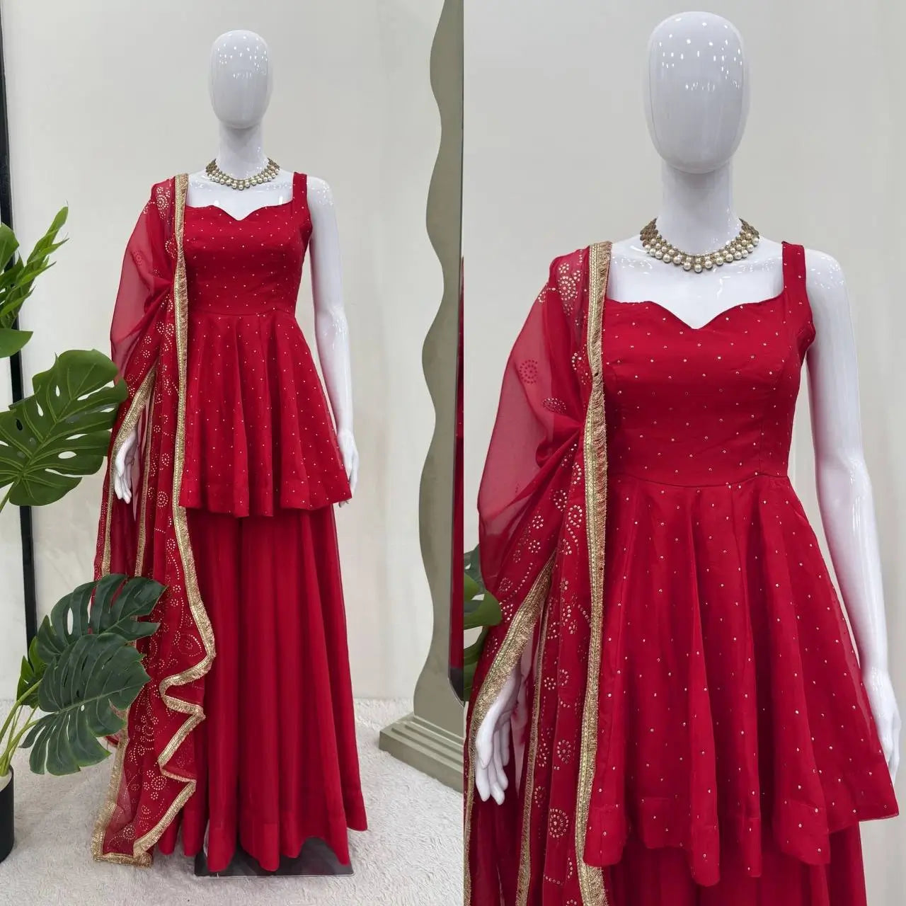 Wine Red Tabby Organza Kurti Plazzo Set with Golden Work