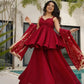 Wine Red Tabby Organza Kurti Plazzo Set with Golden Work
