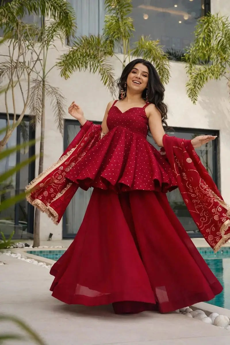 Wine Red Tabby Organza Kurti Plazzo Set with Golden Work