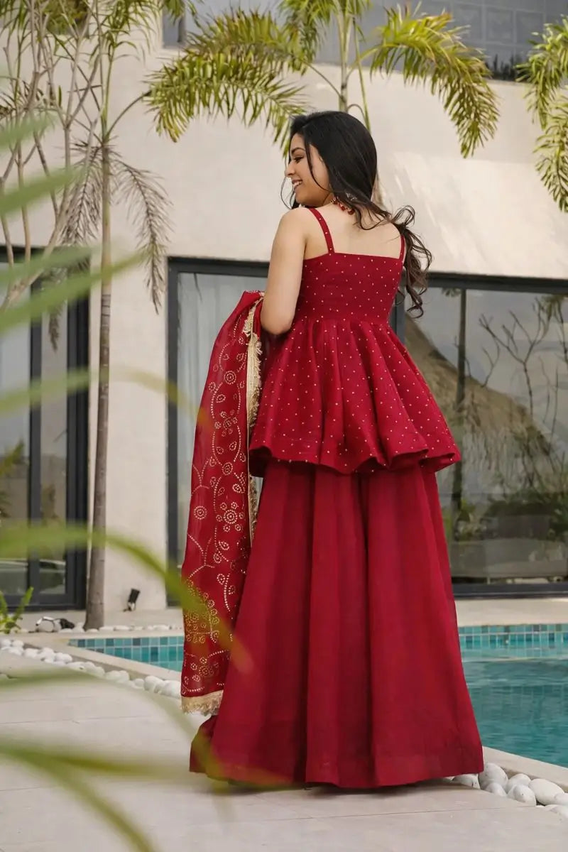 Wine Red Tabby Organza Kurti Plazzo Set with Golden Work