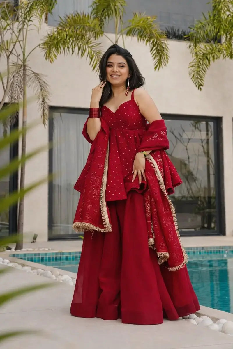 Wine Red Tabby Organza Kurti Plazzo Set with Golden Work