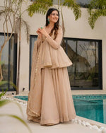 Wine Red Tabby Organza Kurti Plazzo Set with Golden Work