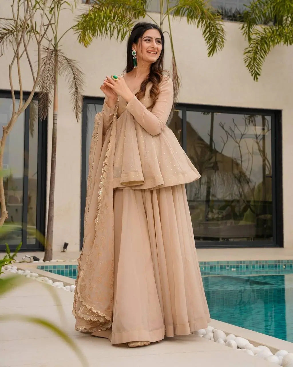 Wine Red Tabby Organza Kurti Plazzo Set with Golden Work