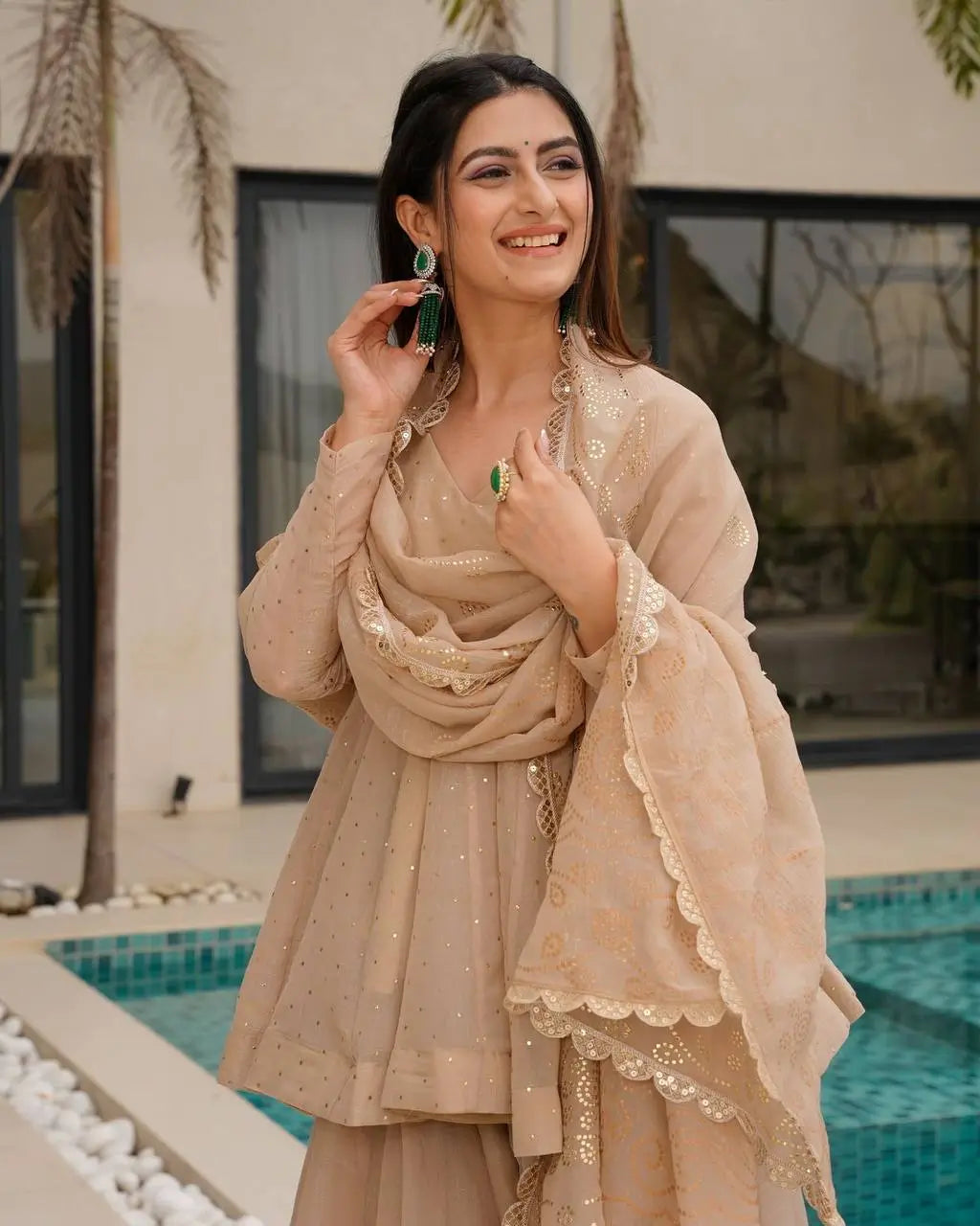 Wine Red Tabby Organza Kurti Plazzo Set with Golden Work