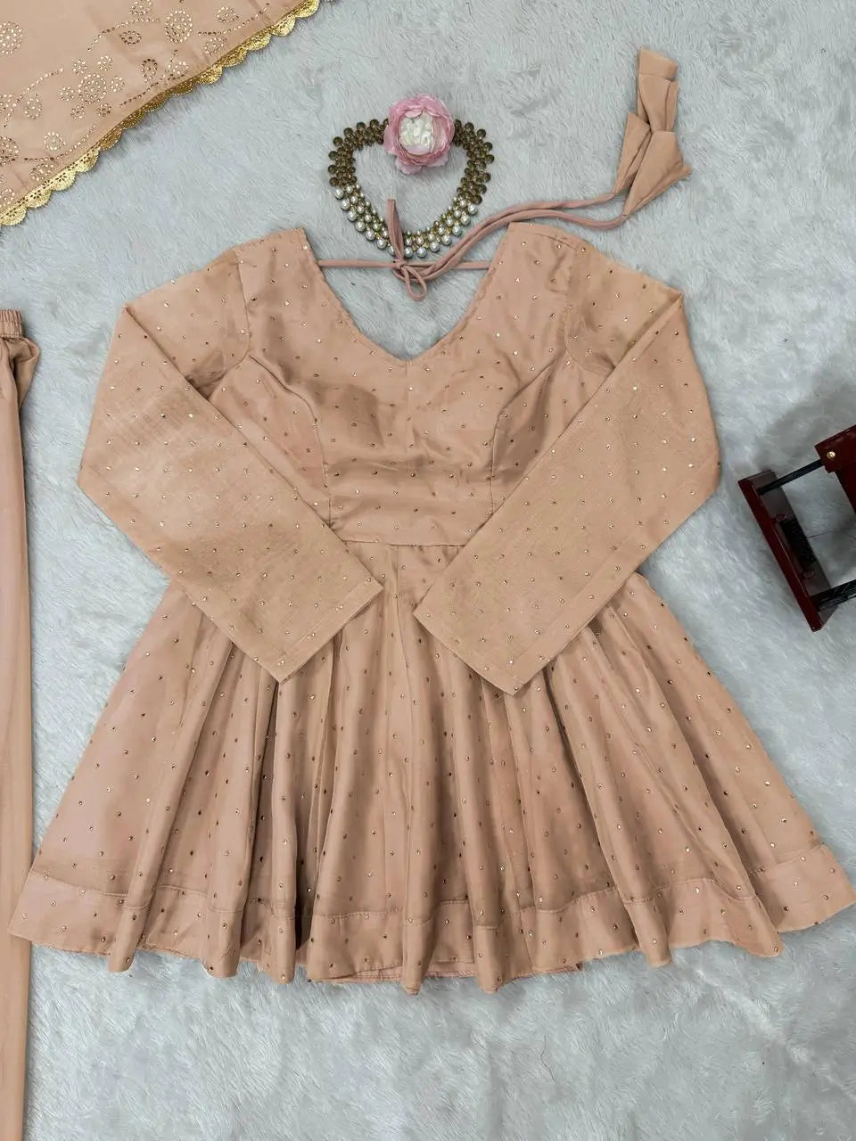 Wine Red Tabby Organza Kurti Plazzo Set with Golden Work