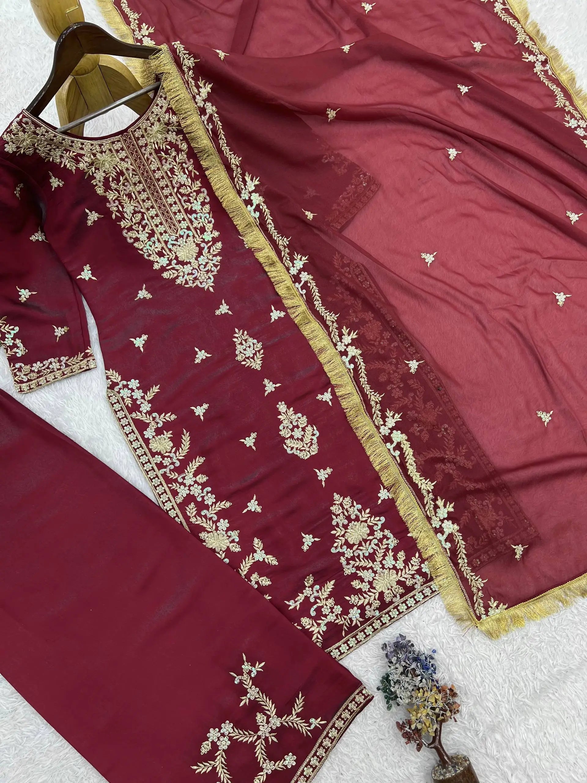 Wine Roman Glass Silk Kurti Palazzo Set with Rainbow Sequence Embroidery and Star Georgette Dupatta