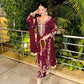 Wine Roman Glass Silk Kurti Palazzo Set with Rainbow Sequence Embroidery and Star Georgette Dupatta