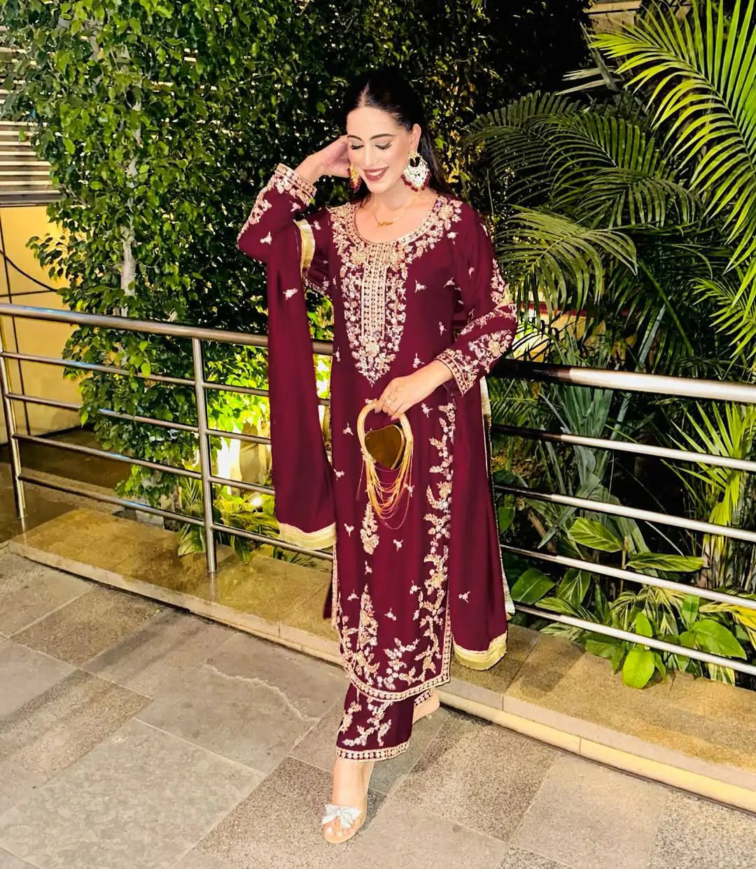 Wine Roman Glass Silk Kurti Palazzo Set with Rainbow Sequence Embroidery and Star Georgette Dupatta