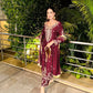 Wine Roman Glass Silk Kurti Palazzo Set with Rainbow Sequence Embroidery and Star Georgette Dupatta