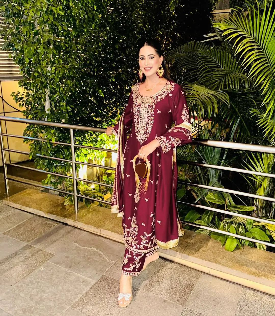 Wine Roman Glass Silk Kurti Palazzo Set with Rainbow Sequence Embroidery and Star Georgette Dupatta