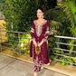 Wine Roman Glass Silk Kurti Palazzo Set with Rainbow Sequence Embroidery and Star Georgette Dupatta