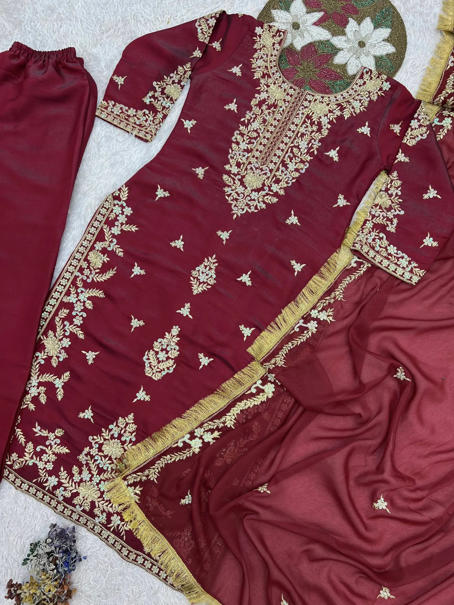 Wine Roman Glass Silk Kurti Palazzo Set with Rainbow Sequence Embroidery and Star Georgette Dupatta