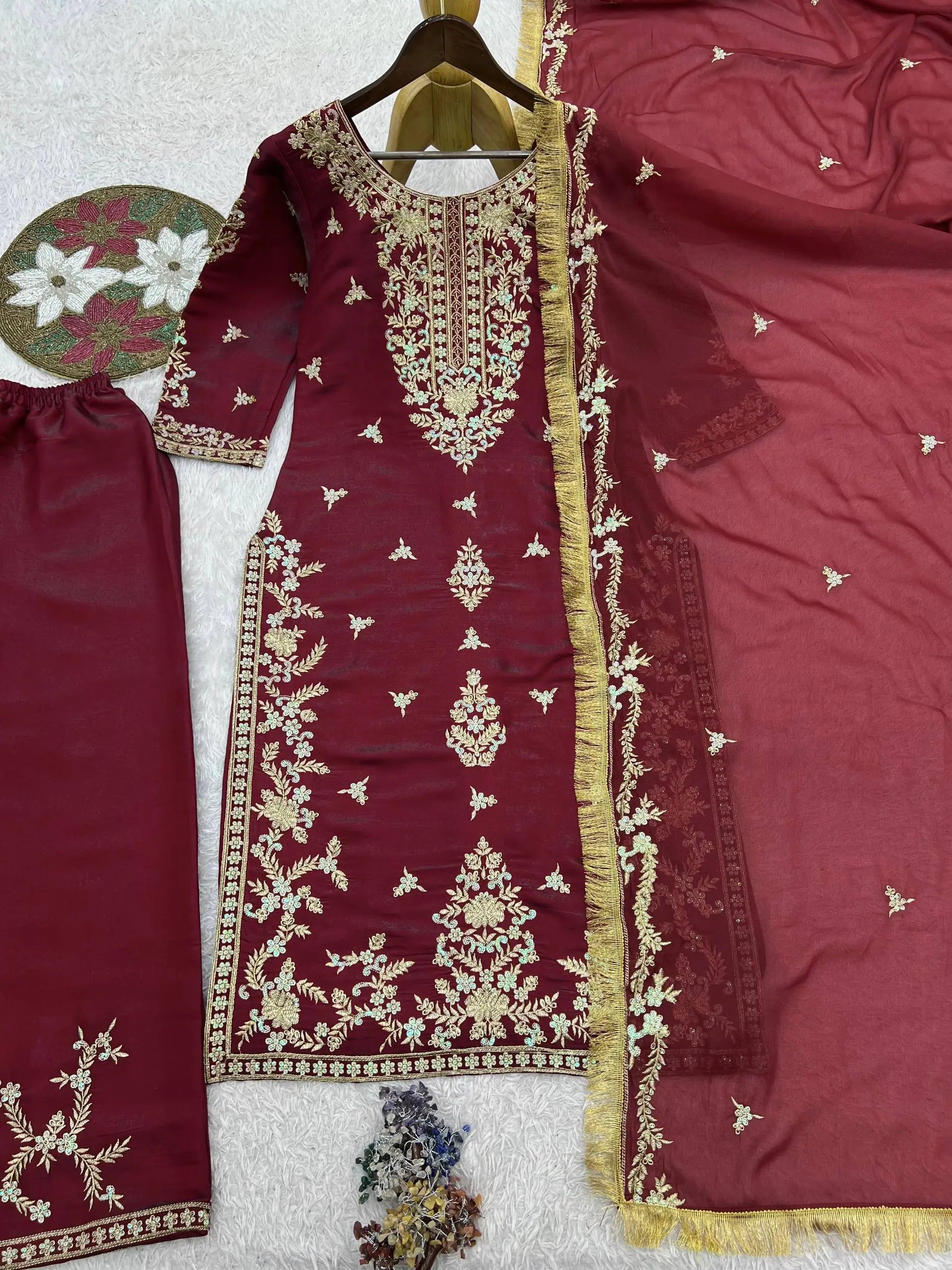 Wine Roman Glass Silk Kurti Palazzo Set with Rainbow Sequence Embroidery and Star Georgette Dupatta