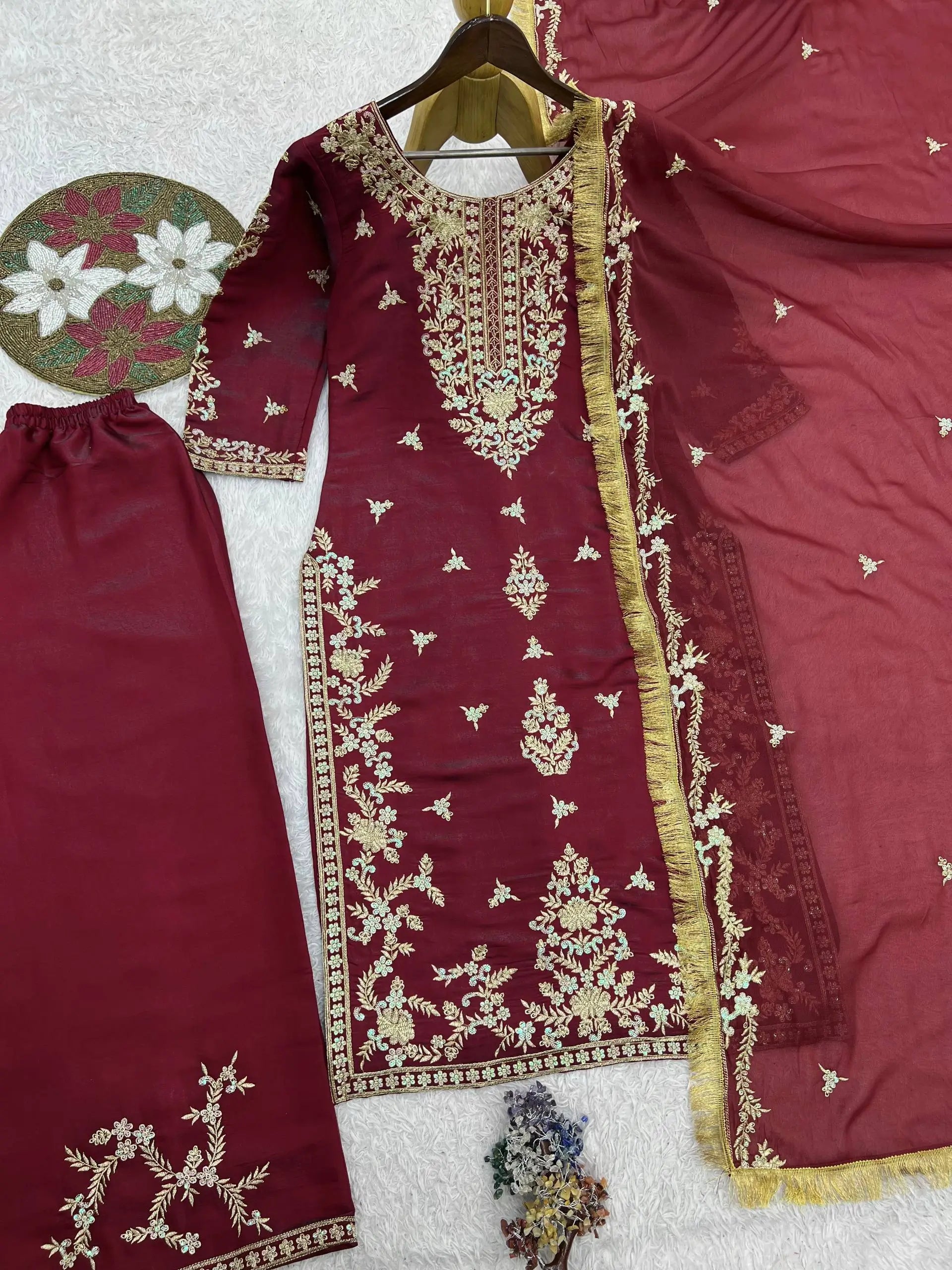 Wine Roman Glass Silk Kurti Palazzo Set with Rainbow Sequence Embroidery and Star Georgette Dupatta