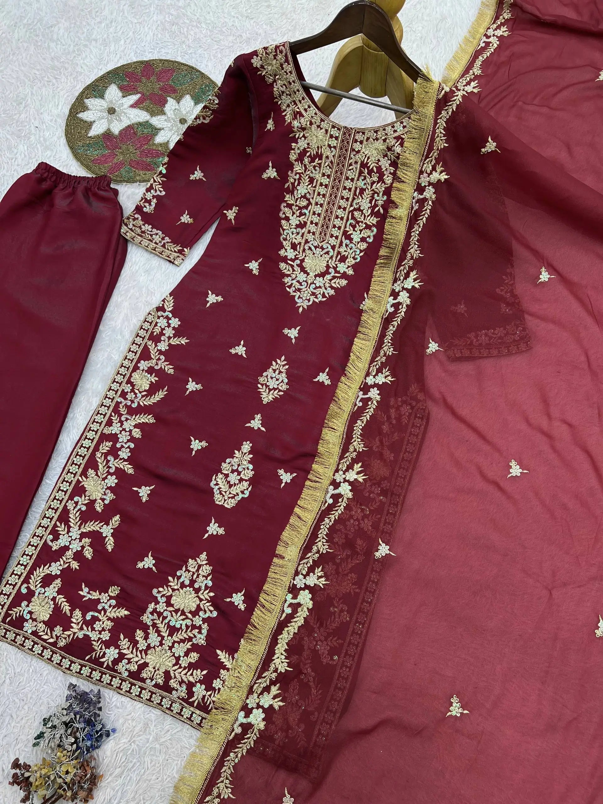 Wine Roman Glass Silk Kurti Palazzo Set with Rainbow Sequence Embroidery and Star Georgette Dupatta