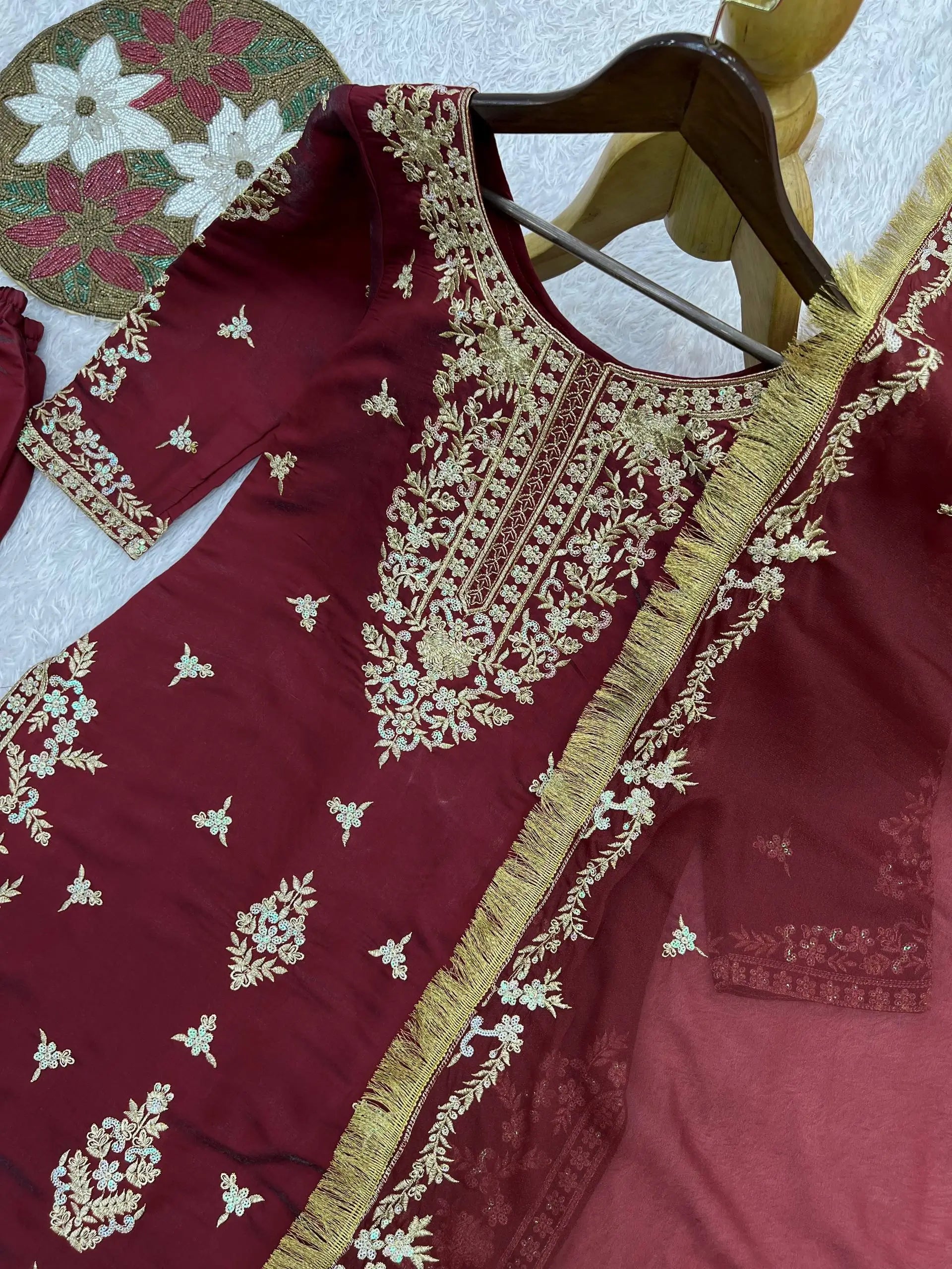 Wine Roman Glass Silk Kurti Palazzo Set with Rainbow Sequence Embroidery and Star Georgette Dupatta