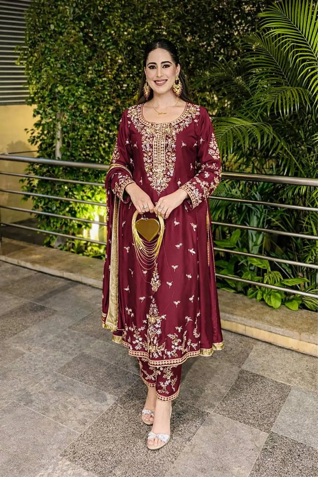 Wine Roman Glass Silk Kurti Palazzo Set with Rainbow Sequence Embroidery and Star Georgette Dupatta
