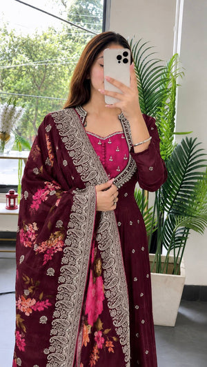 Wine Sequin Anarkali Gown Set