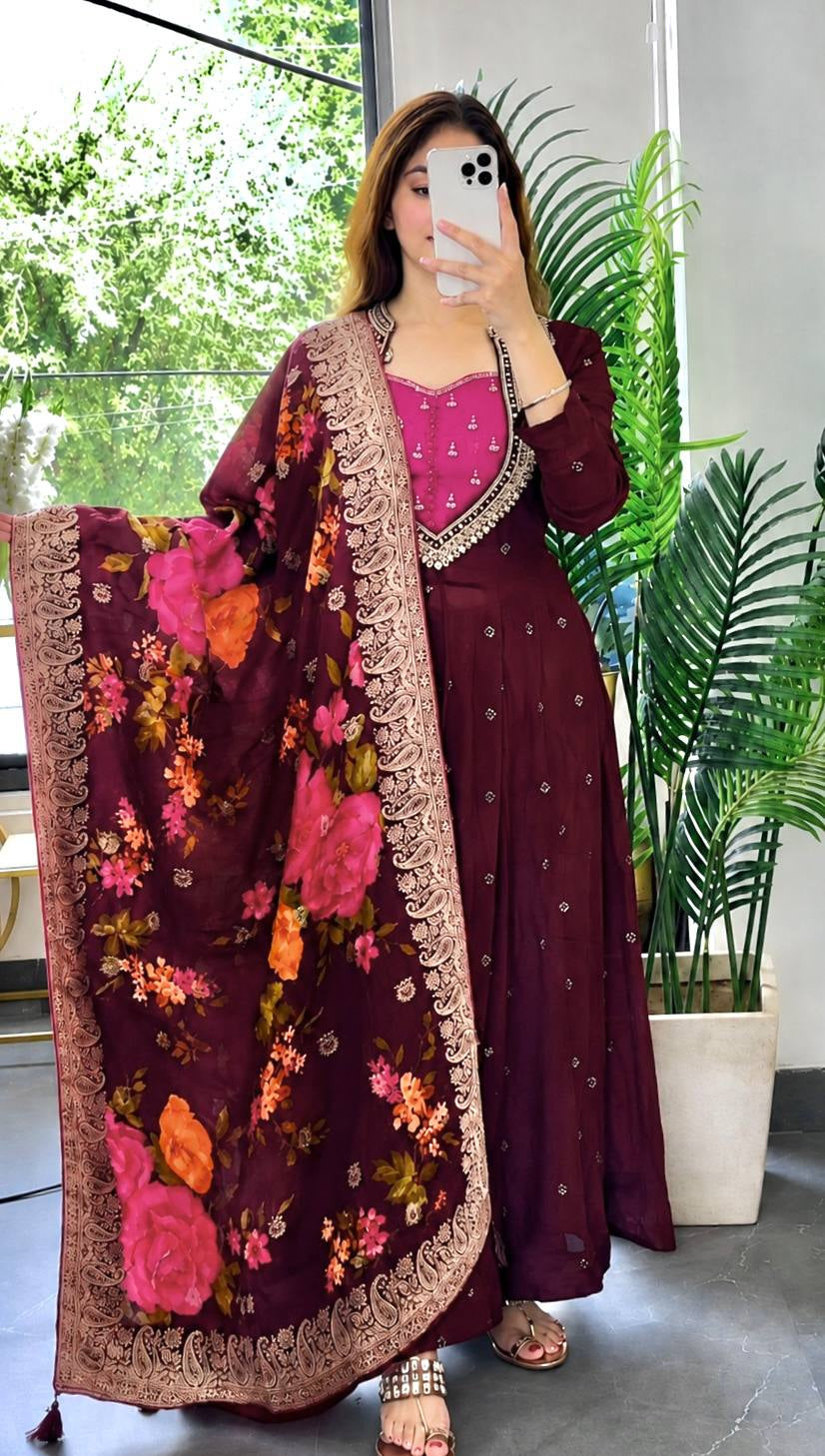Wine Sequin Anarkali Gown Set